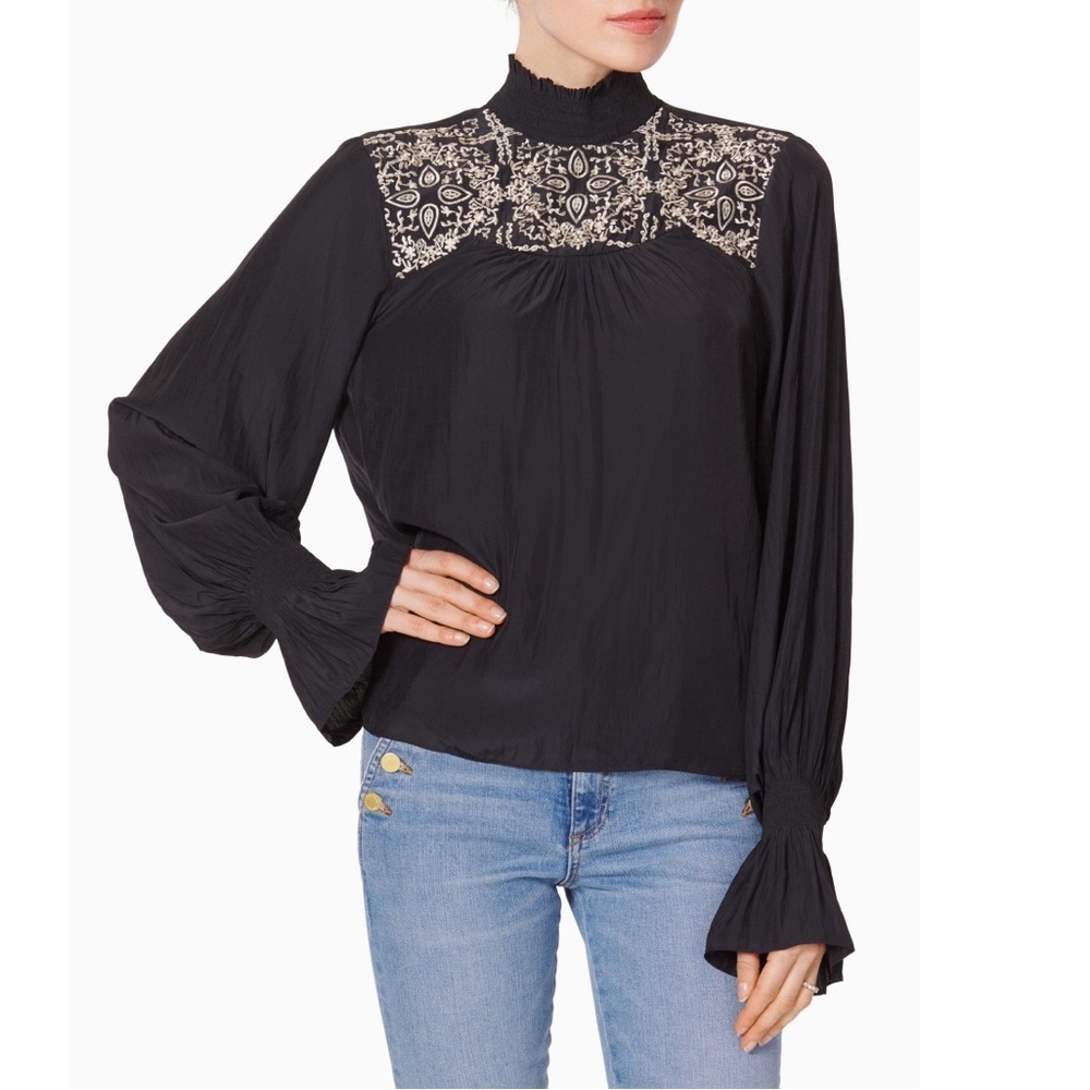 NWT RAMY BROOK Eclipse Bell-Sleeve Black White Embroidered Blouse Sz XS